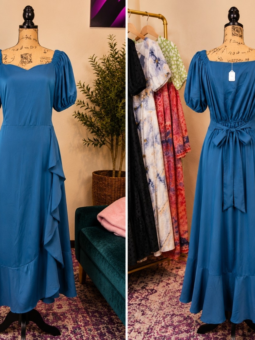 Blue Puff-Sleeve Ruffle Maxi Dress - Brand Unspecified